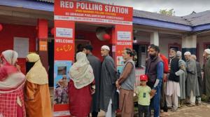 Voters queue up in Srinagar to vote for the first...