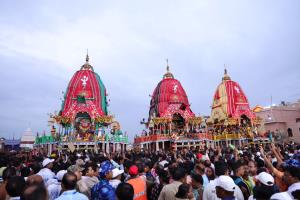 Devotees witness Lord Jagannath, Balabhadra and S...