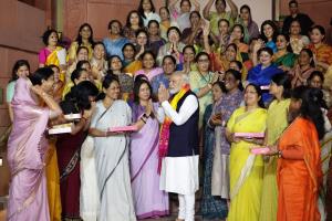 PM Modi felicitated at BJP headquarters over wome...